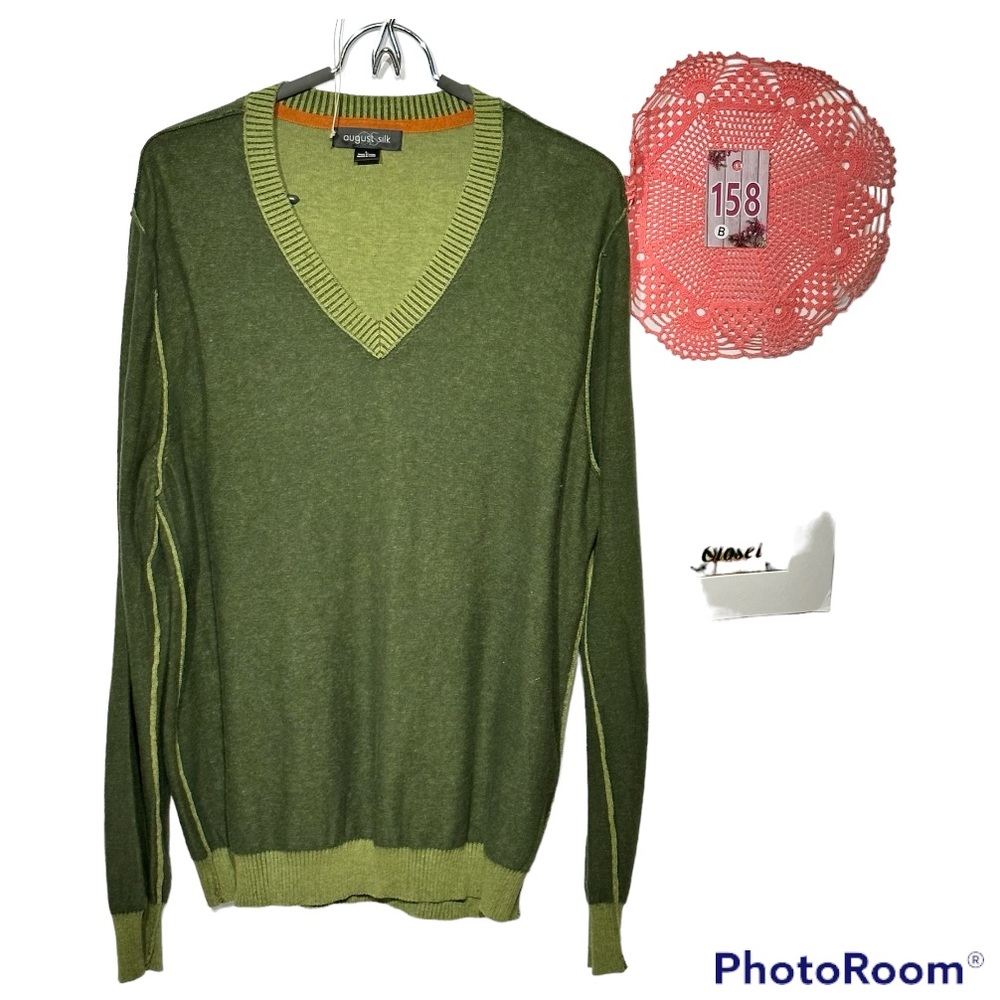 August Silk 2 Tone V-Neck Sweater 100% Cotton Olive Green Large
